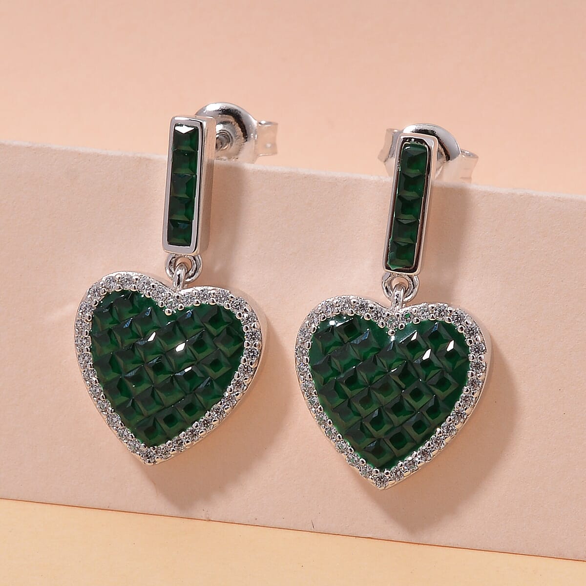 Simulated White and Green Daimond Heart Earrings in Rhodium Over Sterling Silver image number 1