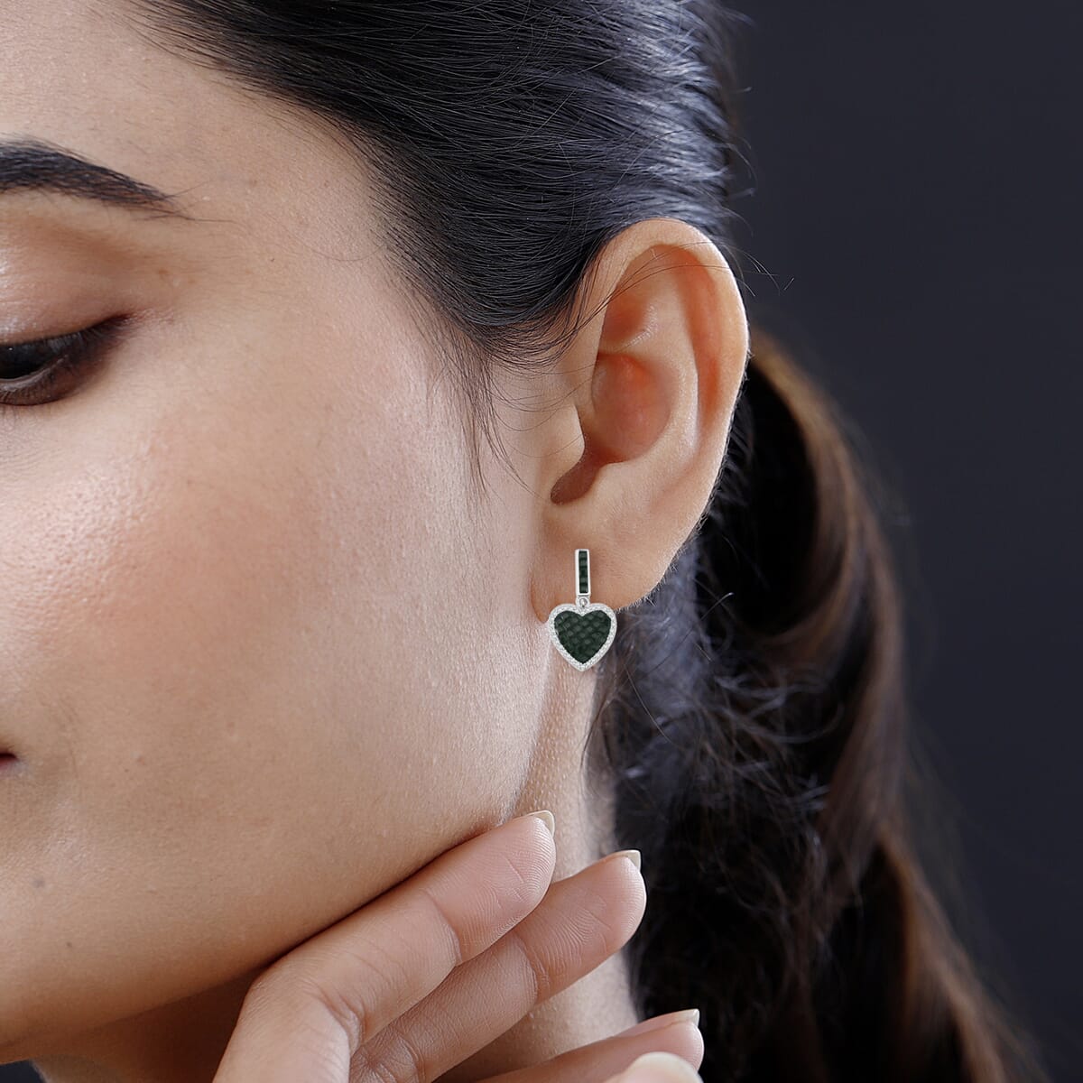 Simulated White and Green Daimond Heart Earrings in Rhodium Over Sterling Silver image number 2