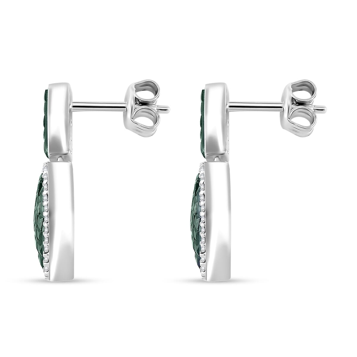 Simulated White and Green Daimond Heart Earrings in Rhodium Over Sterling Silver image number 3