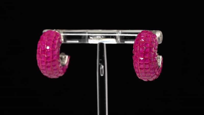 Simulated Red Color Diamond Half Hoop Earrings in Rhodium Over Sterling Silver 9.40 ctw