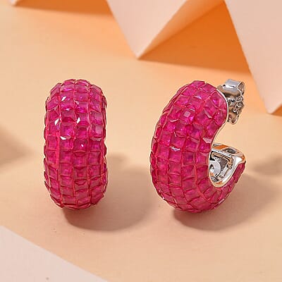 Simulated Red Color Diamond Half Hoop Earrings in Rhodium Over Sterling Silver