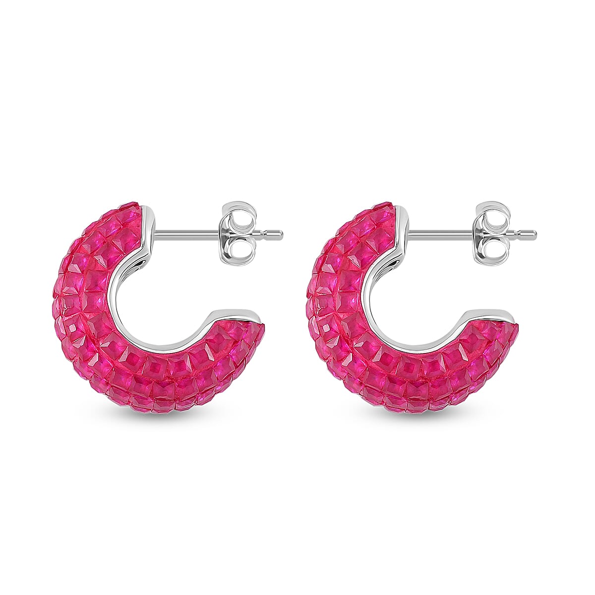 Simulated Red Color Diamond Half Hoop Earrings in Rhodium Over Sterling Silver