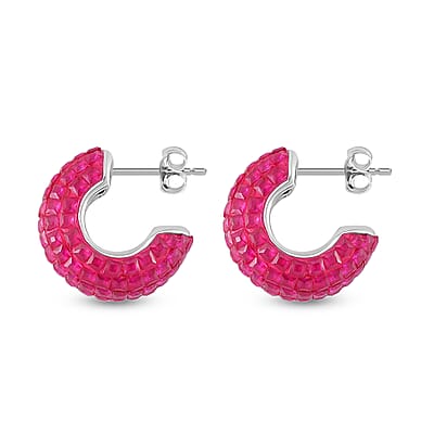 Simulated Red Color Diamond Half Hoop Earrings in Rhodium Over Sterling Silver