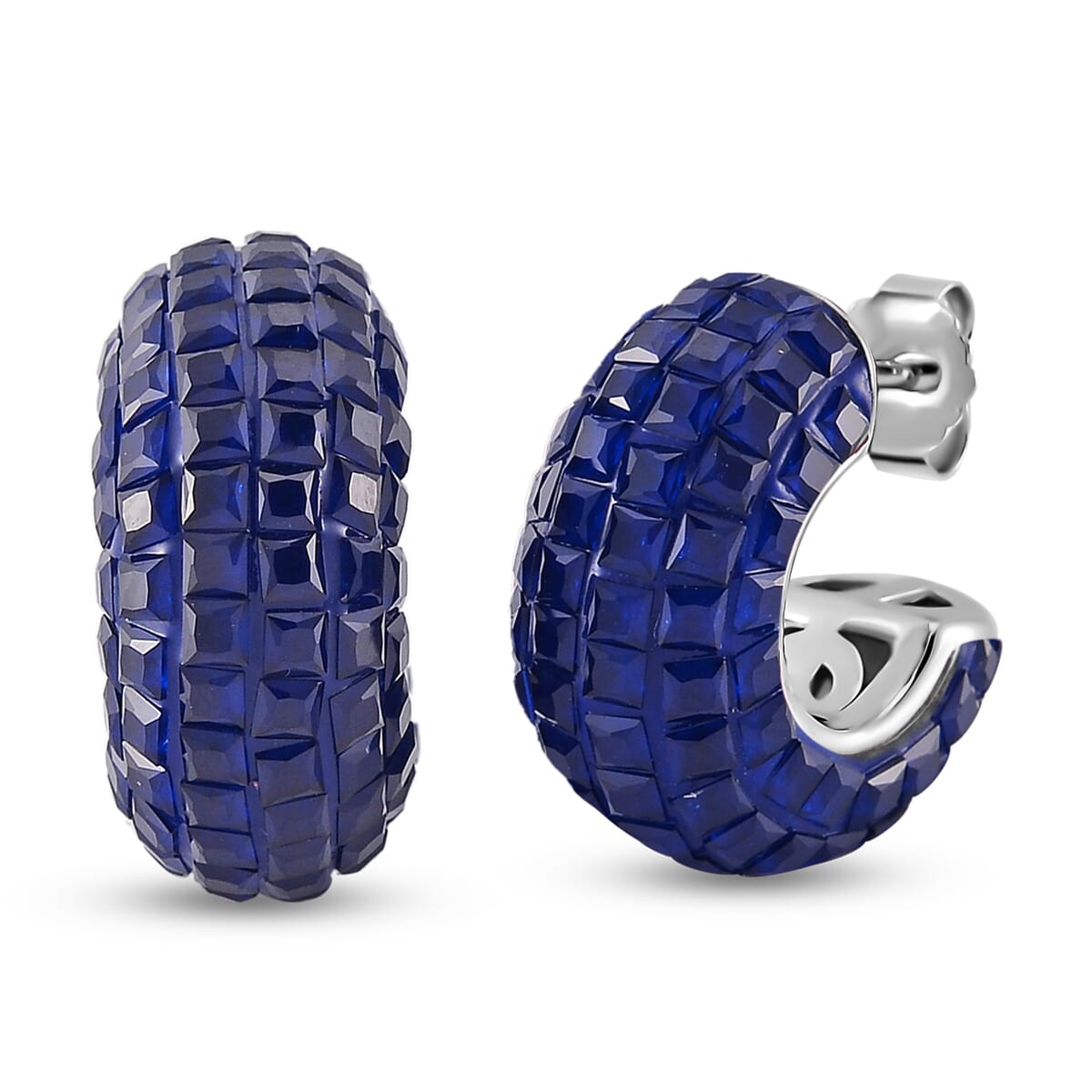 Simulated Blue Diamond Half Hoop Earrings in Rhodium Over Sterling Silver image number 0