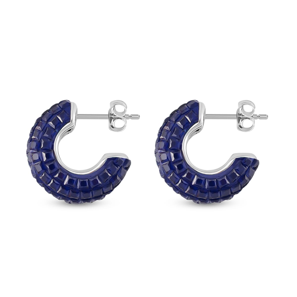Simulated Blue Diamond Half Hoop Earrings in Rhodium Over Sterling Silver image number 3