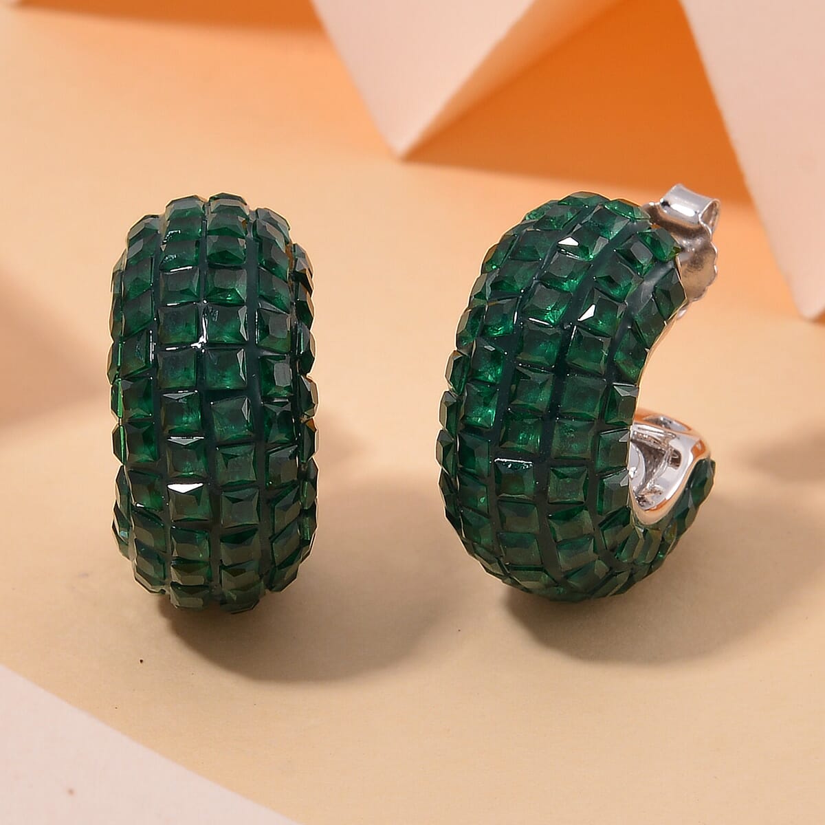 Simulated Green Diamond Half Hoop Earrings in Rhodium Over Sterling Silver image number 1