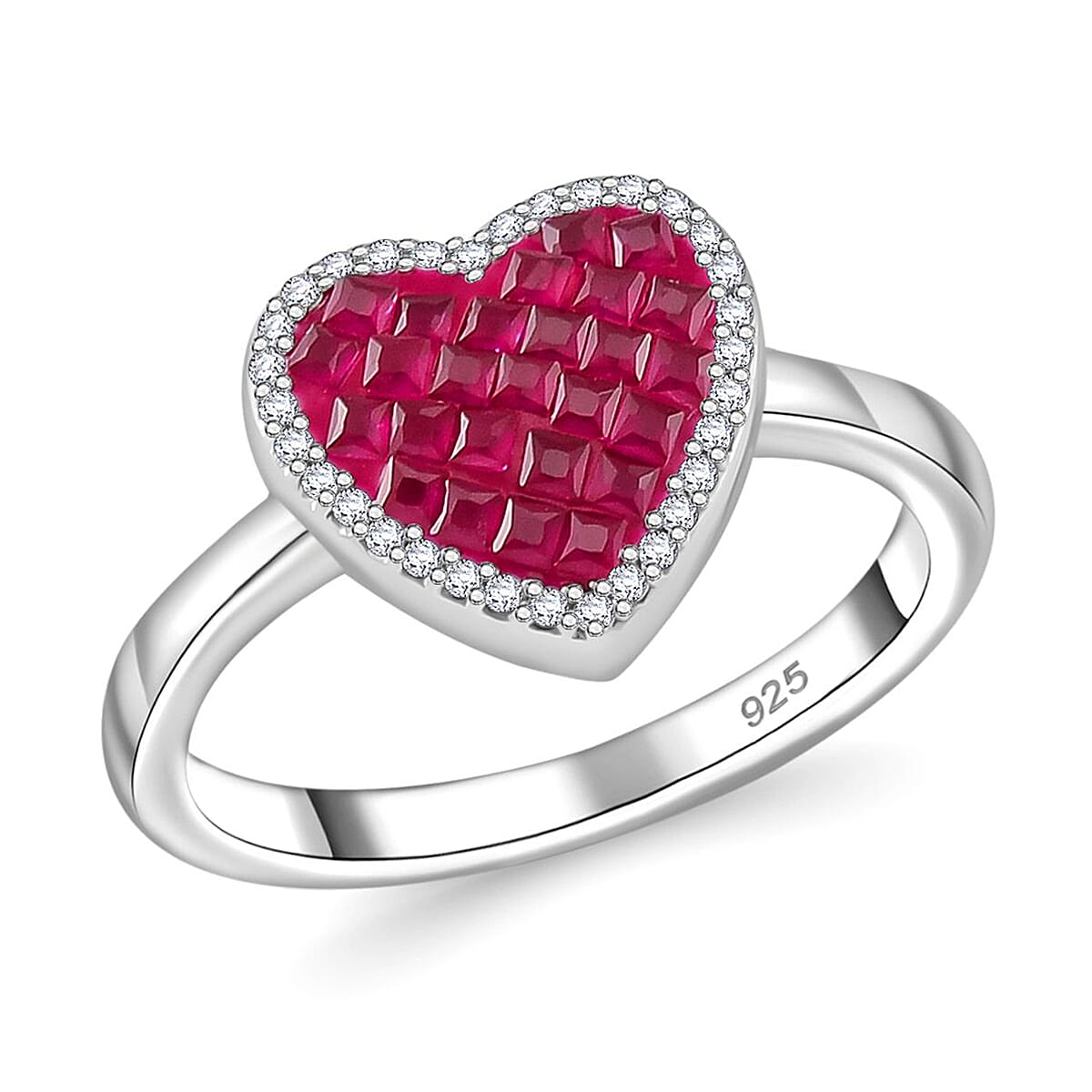 Simulated White and Red Color Diamond Heart Ring in Rhodium Over Sterling Silver (Size 10.0) image number 0