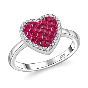 Simulated White and Red Color Diamond Heart Ring in Rhodium Over Sterling Silver (Size 10.0)