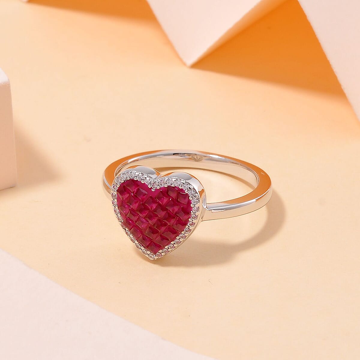 Simulated White and Red Color Diamond Heart Ring in Rhodium Over Sterling Silver (Size 10.0) image number 1