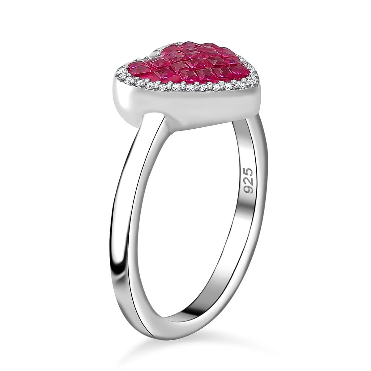 Simulated White and Red Color Diamond Heart Ring in Rhodium Over Sterling Silver (Size 10.0) image number 3