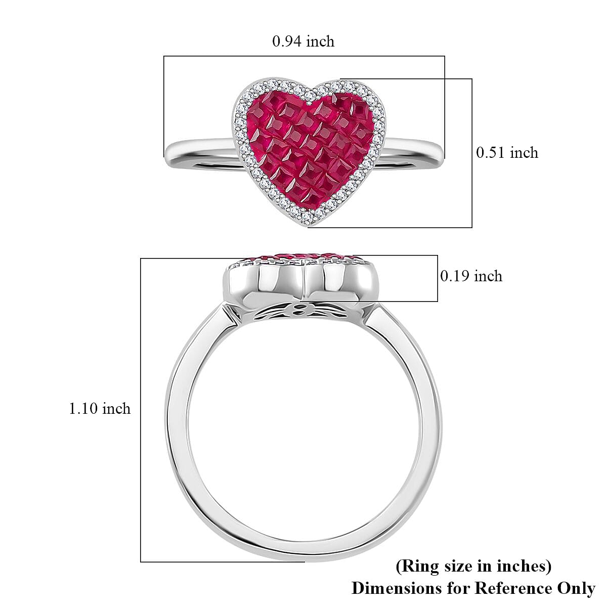 Simulated White and Red Color Diamond Heart Ring in Rhodium Over Sterling Silver (Size 10.0) image number 5