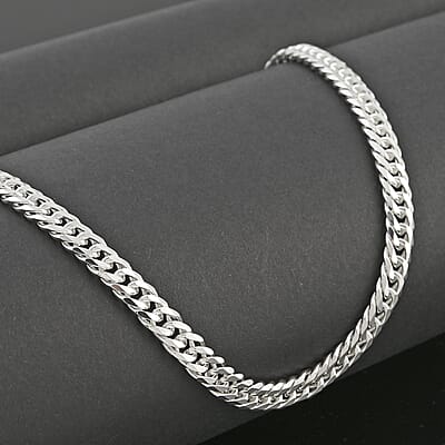 Italian Sterling Silver Double Curb Link Pave Chain Necklace 20 Inches 19.8 Grams