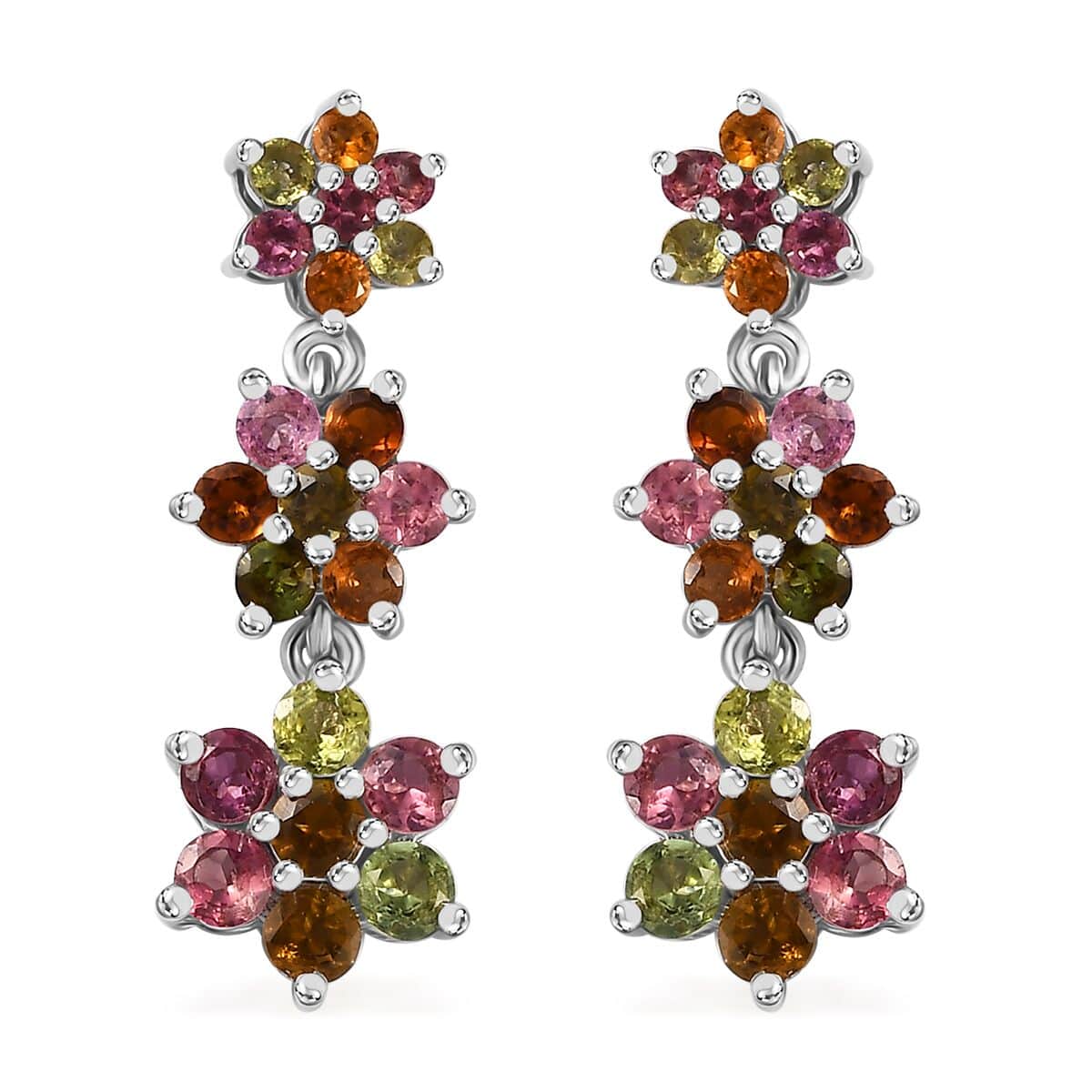 Multi-Tourmaline 3.20 ctw Flower Earrings in Rhodium Over Sterling Silver image number 0