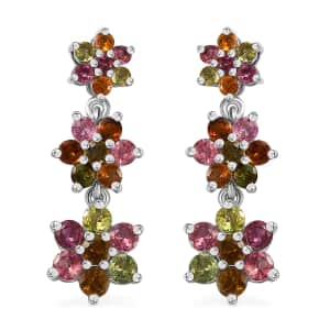 Multi-Tourmaline 3.20 ctw Flower Earrings in Rhodium Over Sterling Silver