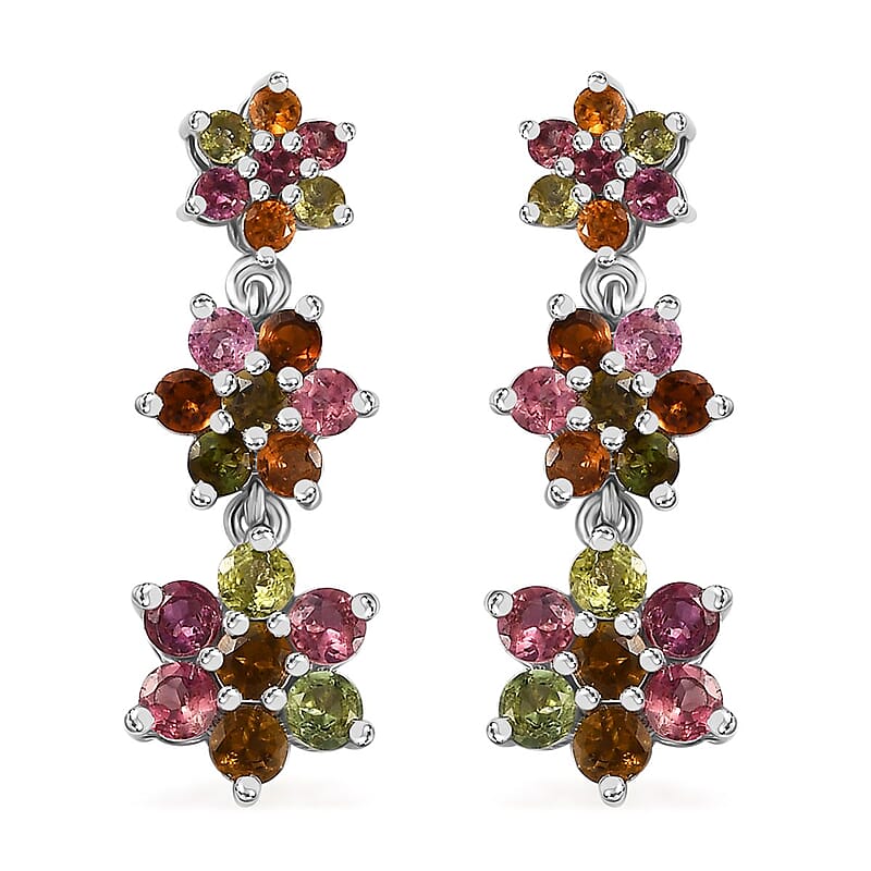 Multi-Tourmaline 3.20 ctw Flower Earrings in Rhodium Over Sterling Silver