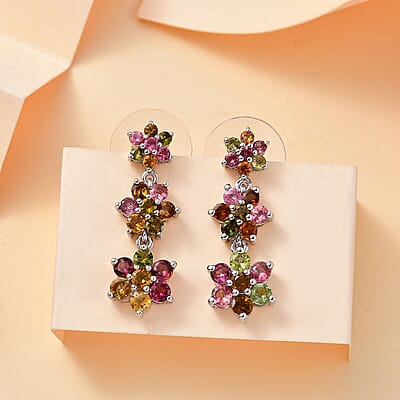 Multi-Tourmaline 3.20 ctw Flower Earrings in Rhodium Over Sterling Silver