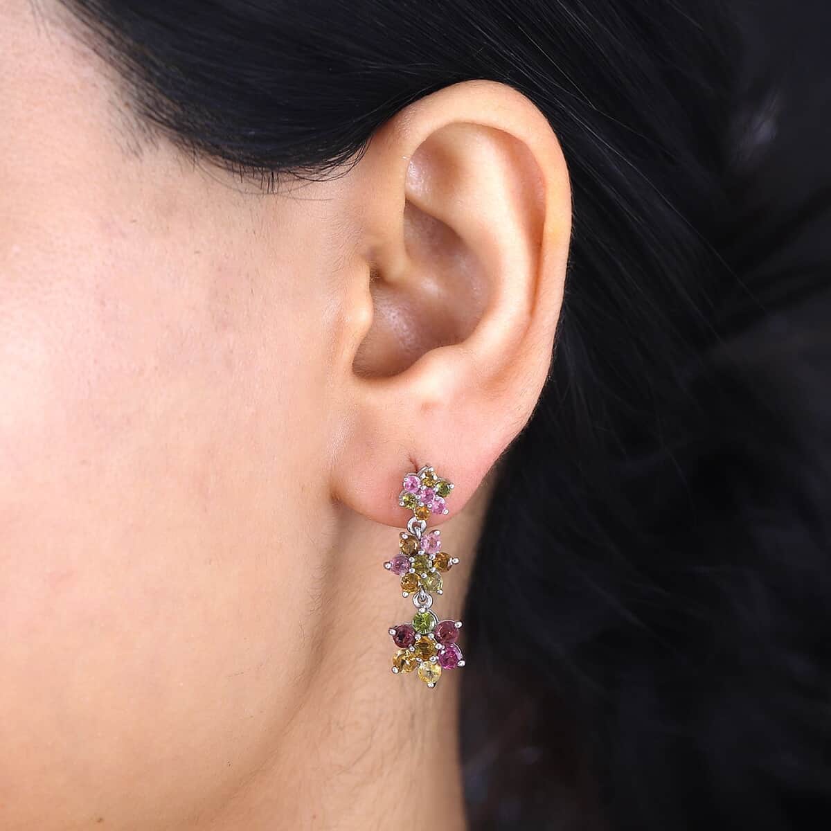 Multi-Tourmaline 3.20 ctw Flower Earrings in Rhodium Over Sterling Silver image number 2