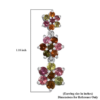 Multi-Tourmaline 3.20 ctw Flower Earrings in Rhodium Over Sterling Silver