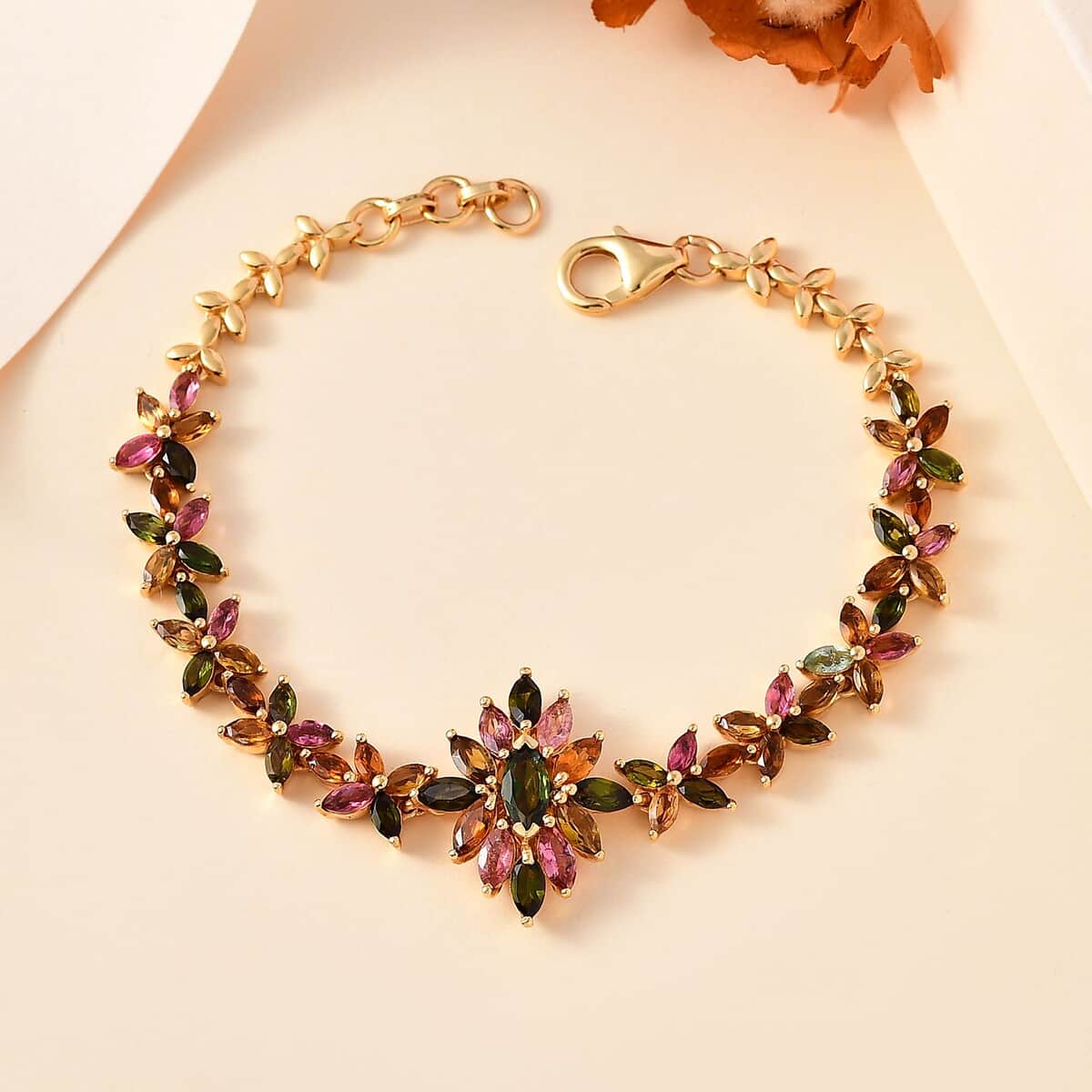 Multi-Tourmaline 6.00 ctw Floral Harmony Bracelet in 18K Vermeil Yellow Gold Over Sterling Silver (6.50 In) image number 1