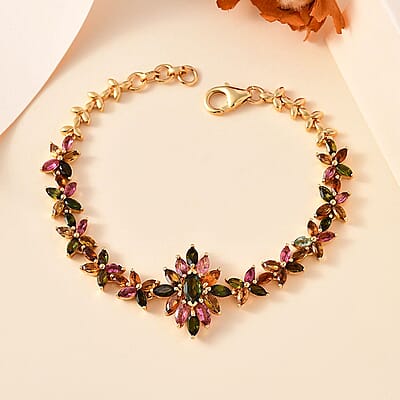 D'Joy Multi-Tourmaline 6.00 ctw Floral Harmony Bracelet in 18K Vermeil Yellow Gold Over Sterling Silver (6.50 In)