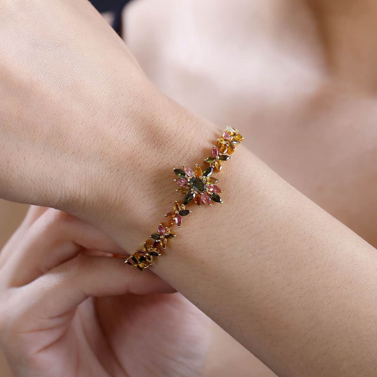 Multi-Tourmaline 6.00 ctw Floral Harmony Bracelet in 18K Vermeil Yellow Gold Over Sterling Silver (6.50 In) image number 2