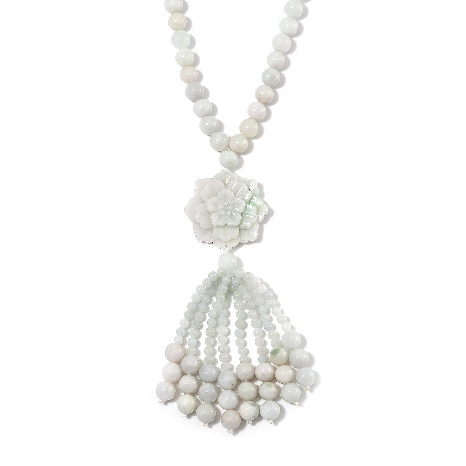 Natural Jade 620.00 ctw Carved Flower Beaded Necklace in Rhodium Over Sterling Silver 26 Inches