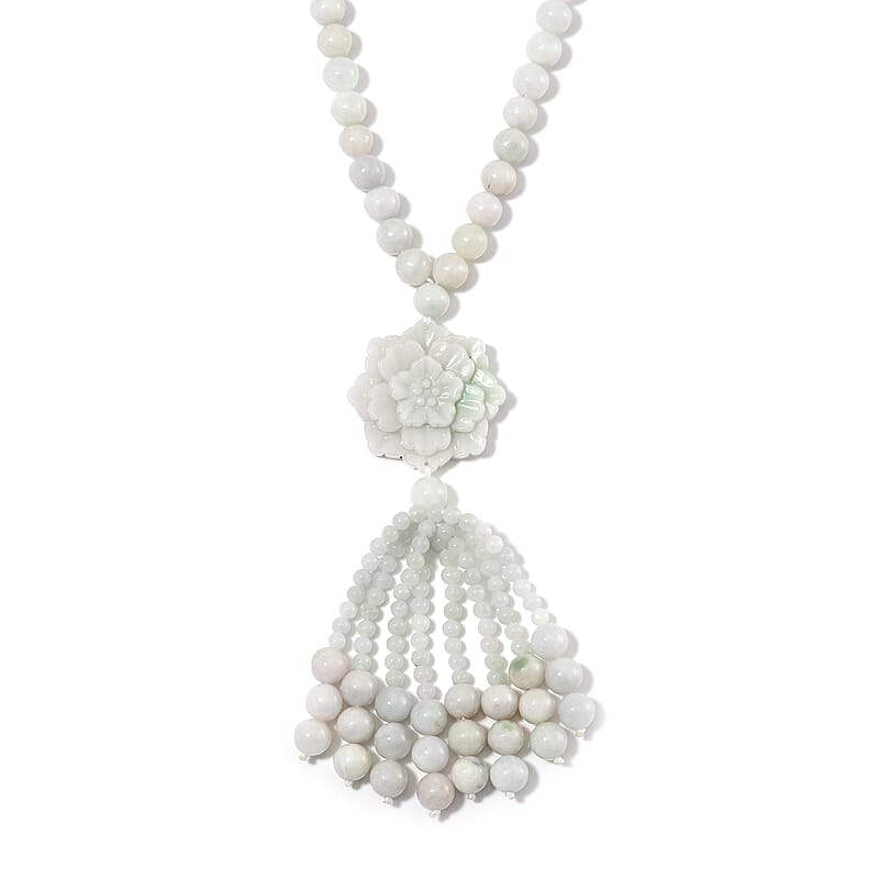 Natural Jade 620.00 ctw Carved Flower Beaded Necklace in Rhodium Over Sterling Silver 26 Inches