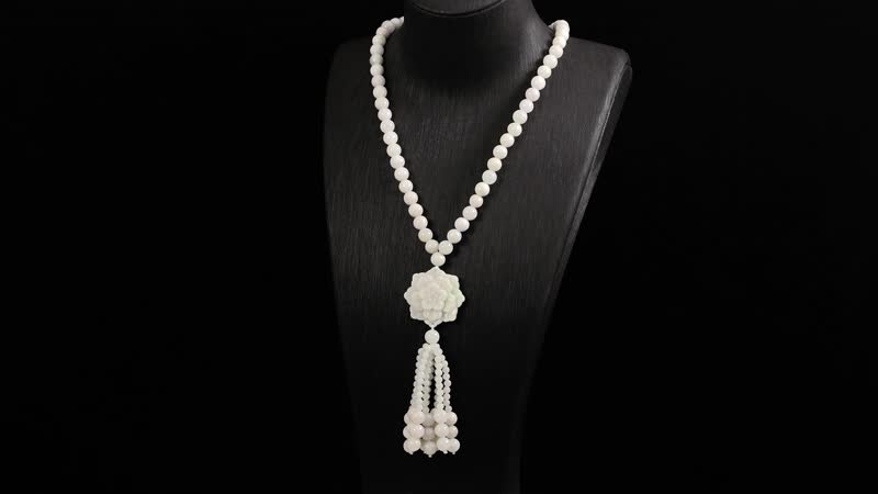 Natural Jade 620.00 ctw Carved Flower Beaded Necklace in Rhodium Over Sterling Silver 26 Inches