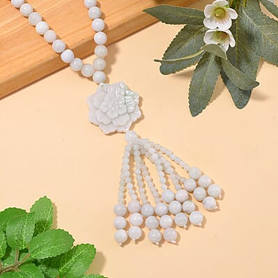 Natural Jade 620.00 ctw Carved Flower Beaded Necklace in Rhodium Over Sterling Silver 26 Inches