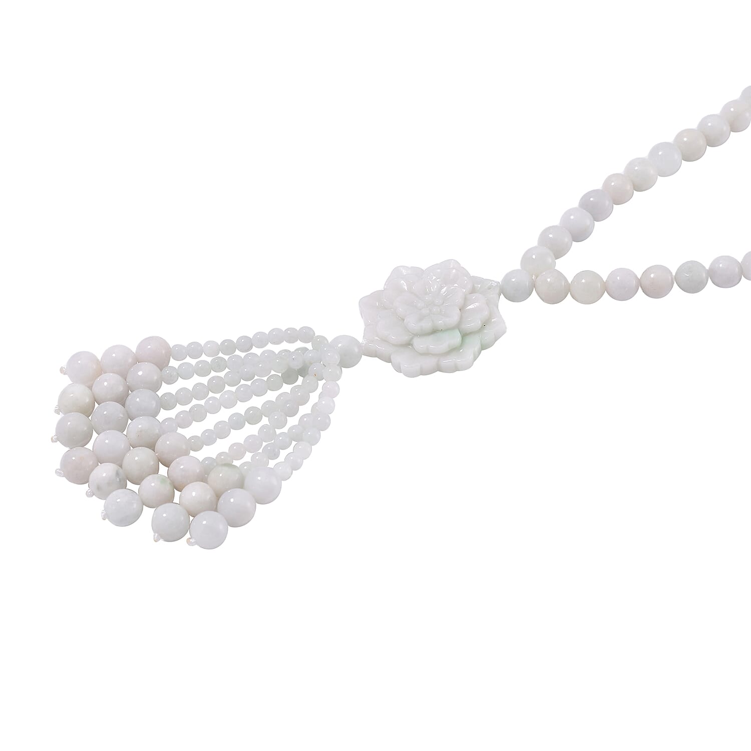 Natural Jade 620.00 ctw Carved Flower Beaded Necklace in Rhodium Over Sterling Silver 26 Inches