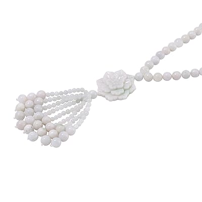 Natural Jade 620.00 ctw Carved Flower Beaded Necklace in Rhodium Over Sterling Silver 26 Inches