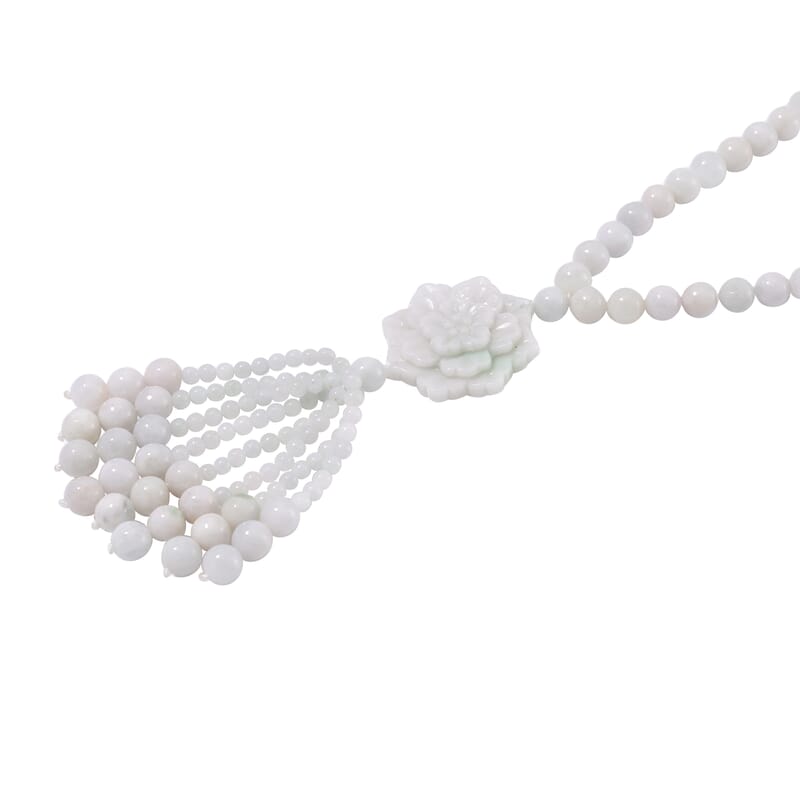Natural Jade 620.00 ctw Carved Flower Beaded Necklace in Rhodium Over Sterling Silver 26 Inches