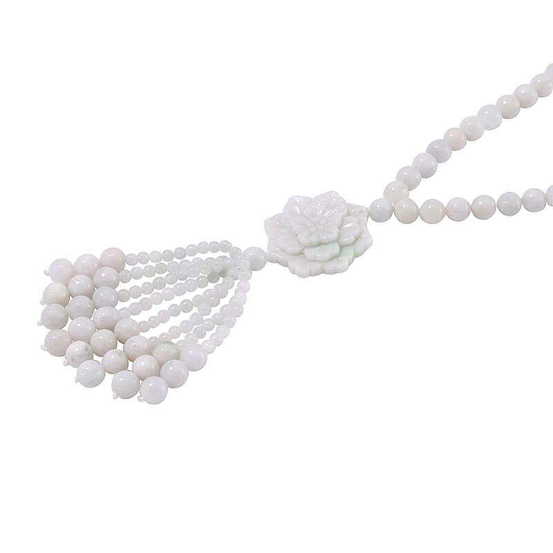 Natural Jade 620.00 ctw Carved Flower Beaded Necklace in Rhodium Over Sterling Silver 26 Inches