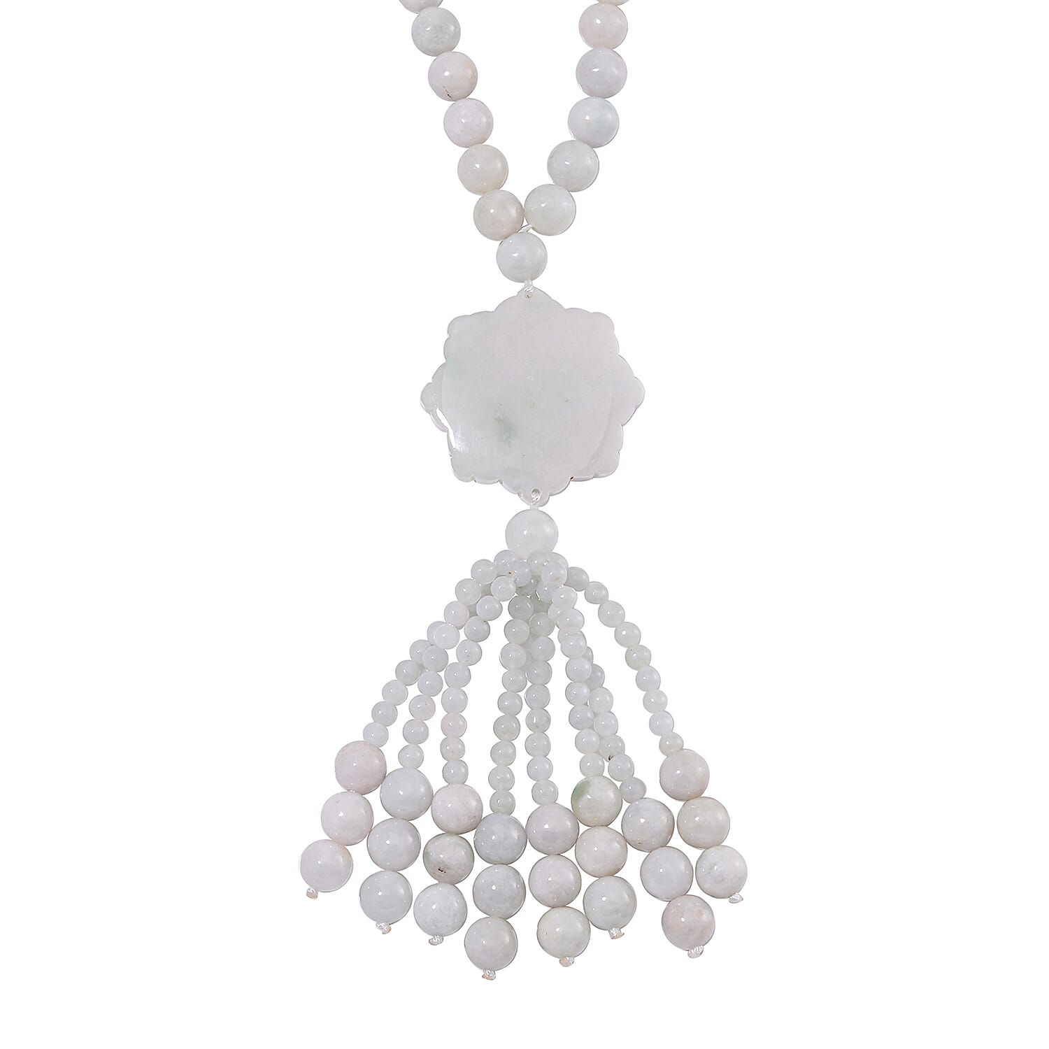 Natural Jade 620.00 ctw Carved Flower Beaded Necklace in Rhodium Over Sterling Silver 26 Inches