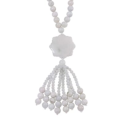 Natural Jade 620.00 ctw Carved Flower Beaded Necklace in Rhodium Over Sterling Silver 26 Inches