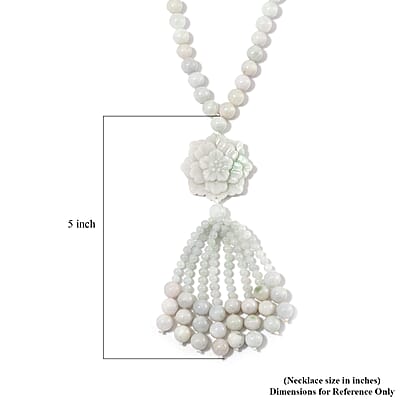 Natural Jade 620.00 ctw Carved Flower Beaded Necklace in Rhodium Over Sterling Silver 26 Inches