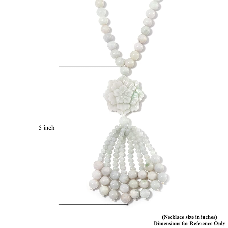 Natural Jade 620.00 ctw Carved Flower Beaded Necklace in Rhodium Over Sterling Silver 26 Inches