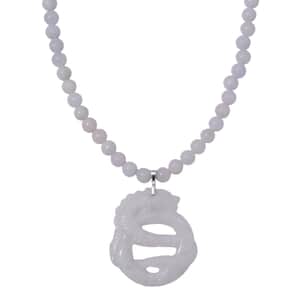 Natural Jade 350.00 ctw Carved Double Dragon and Beaded Necklace in Rhodium Over Sterling Silver 20 Inches