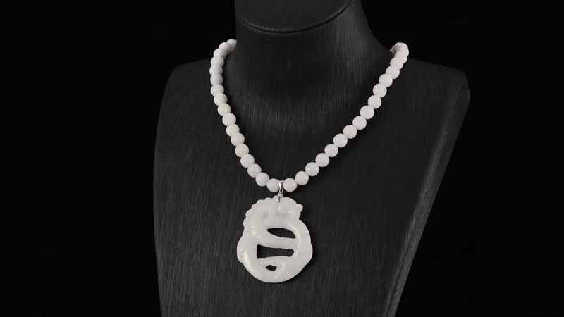 Natural Jade 350.00 ctw Carved Double Dragon and Beaded Necklace in Rhodium Over Sterling Silver 20 Inches