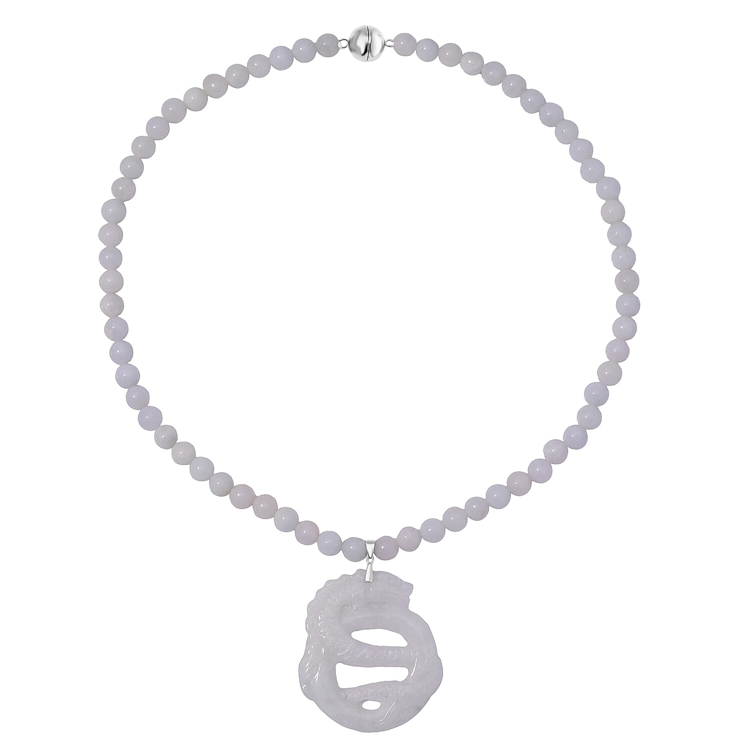 Natural Jade 350.00 ctw Carved Double Dragon and Beaded Necklace in Rhodium Over Sterling Silver 20 Inches