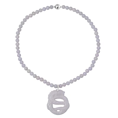 Natural Jade 350.00 ctw Carved Double Dragon and Beaded Necklace in Rhodium Over Sterling Silver 20 Inches