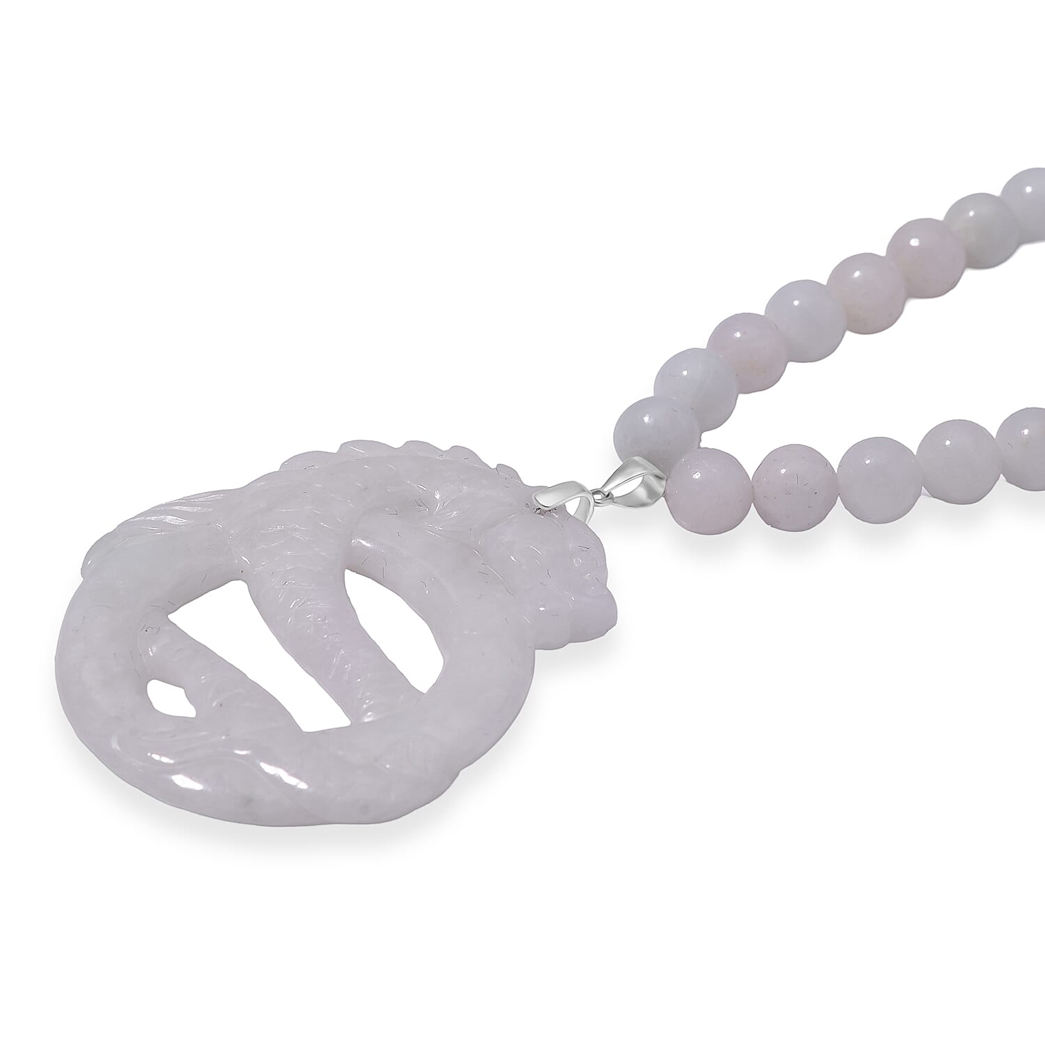 Natural Jade 350.00 ctw Carved Double Dragon and Beaded Necklace in Rhodium Over Sterling Silver 20 Inches