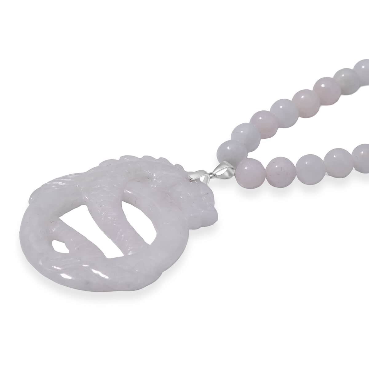 Natural Jade 350.00 ctw Carved Double Dragon and Beaded Necklace in Rhodium Over Sterling Silver 20 Inches image number 3