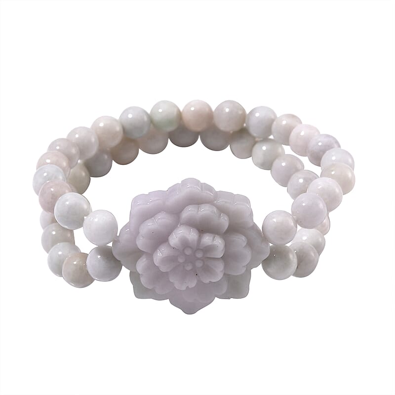 Natural Jade 280.00 ctw Carved Flower and Beaded Stretch 2 Row Bracelet