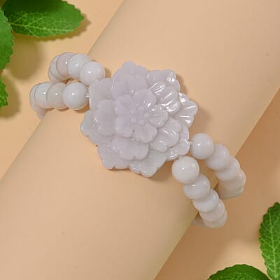 Natural Jade 280.00 ctw Carved Flower and Beaded Stretch 2 Row Bracelet