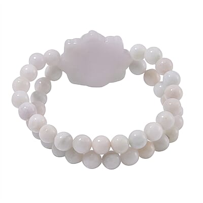Natural Jade 280.00 ctw Carved Flower and Beaded Stretch 2 Row Bracelet
