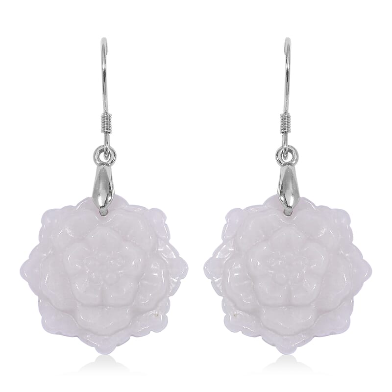 Natural Jade 35.00 ctw Carved Flower Earrings in Rhodium Over Sterling Silver