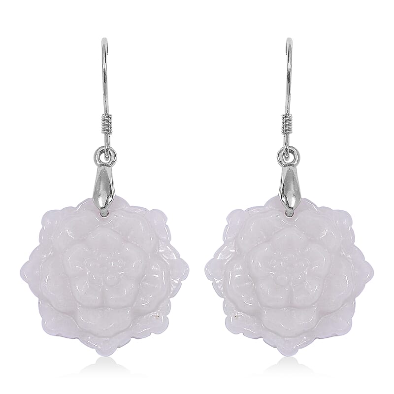 Natural Jade 35.00 ctw Carved Flower Earrings in Rhodium Over Sterling Silver
