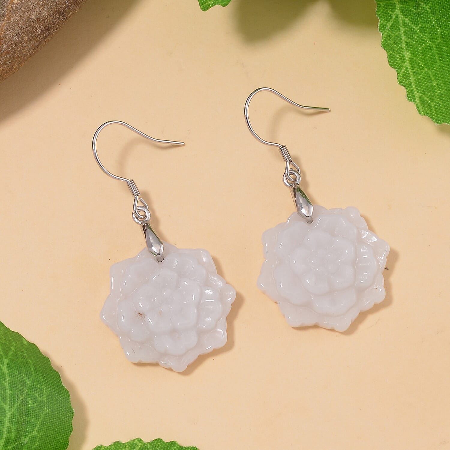 Natural Jade 35.00 ctw Carved Flower Earrings in Rhodium Over Sterling Silver