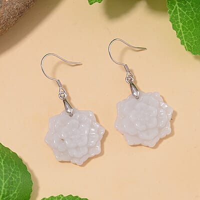 Natural Jade 35.00 ctw Carved Flower Earrings in Rhodium Over Sterling Silver